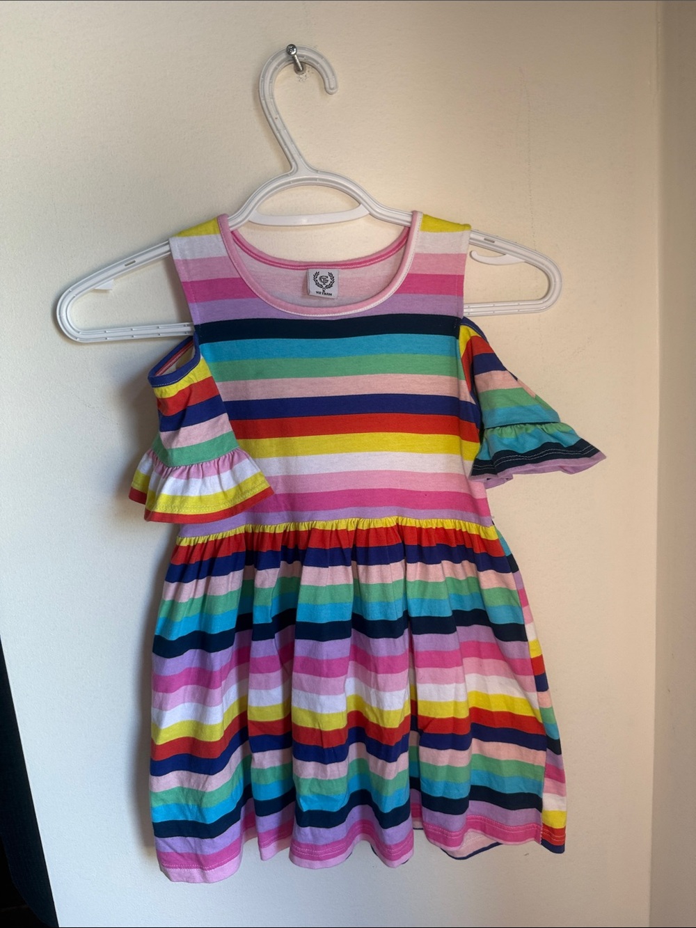 Girls Rainbow Stripe Shoulder Dress | Colorful Ruffle Sleeve Summer Dress